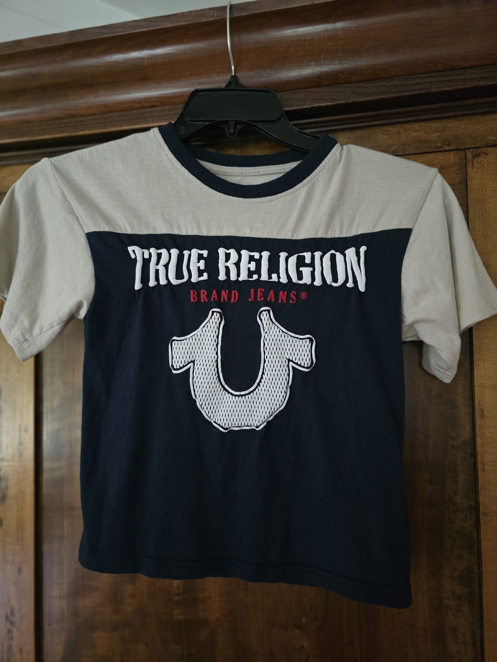 O True Religion Navy and Light Gray Logo Short Sleeve Tee Size Small